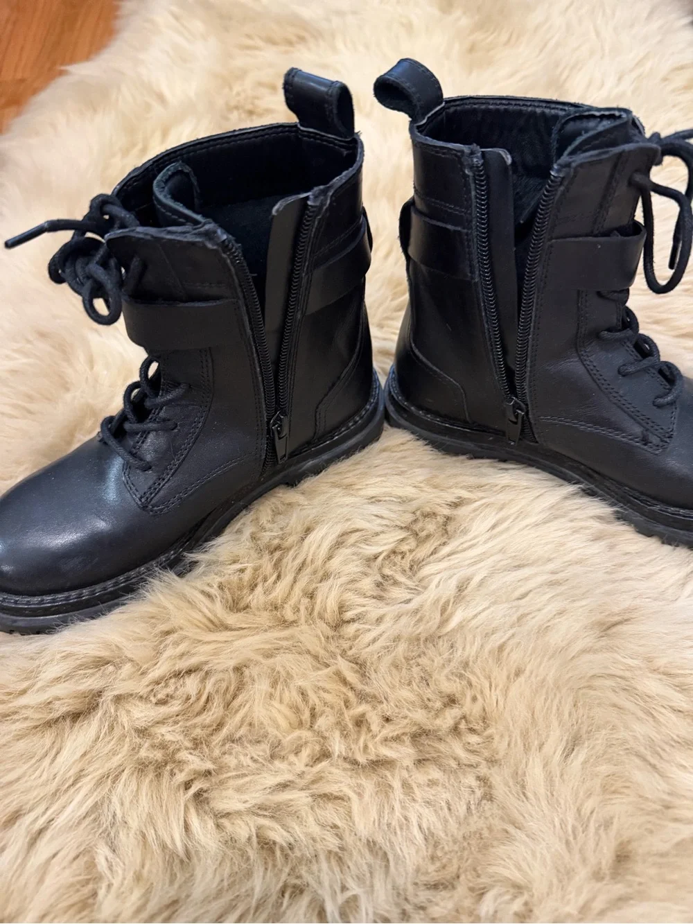 Zara Black Leather Combat Boots with Buckle